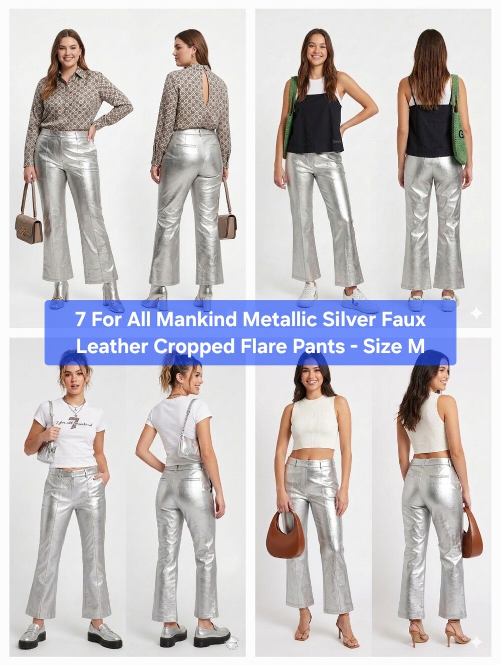 ​7 For All Mankind Metallic Silver Faux Leather Cropped Flare Pants Size M
